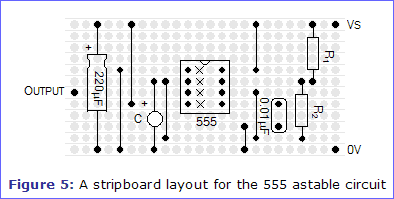 Figure 5: A stripboard layout for the 555 astable circuit
