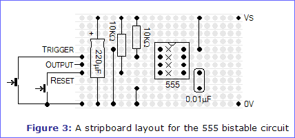 Figure 3: A stripboard layout for the 555 bistable circuit