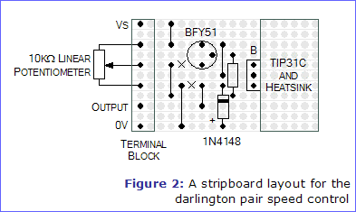 Figure 2: A stripboard layout for the darlington pair speed control