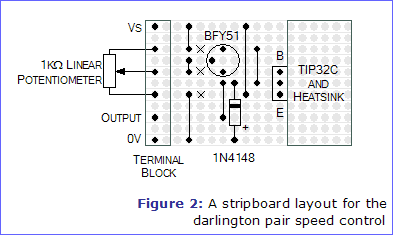 Figure 2: A stripboard layout for the darlington pair speed control