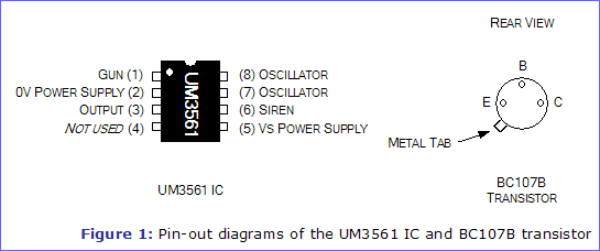 Figure 1: Pin-out diagrams of the UM3561 IC and BC107B transistor