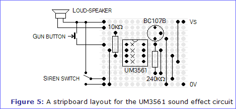 Figure 5: A stripboard layout for the UM3561 sound effect circuit